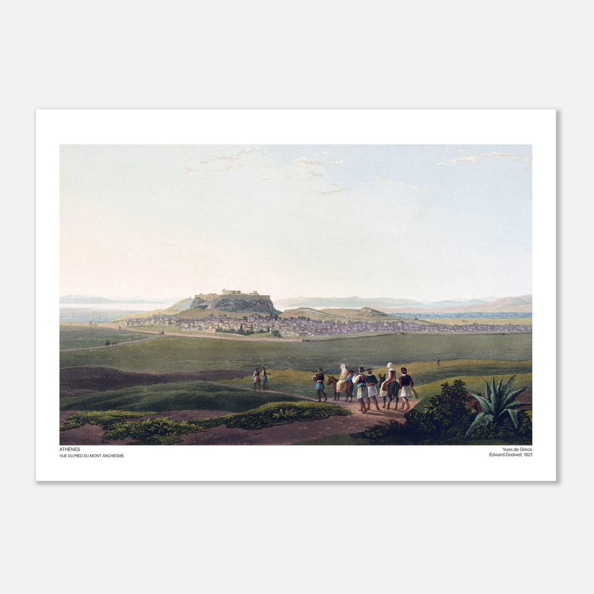 Vista di Atene dal piede del Monte Anchesmo, incisione di Edward Dodwell (50x70 cm). Paesaggio della città di Atene vista dal piede del monte Anchesmo, con l'Acropoli in lontananza, campi verdeggianti, colline e un gruppo di persone in abiti tradizionali.