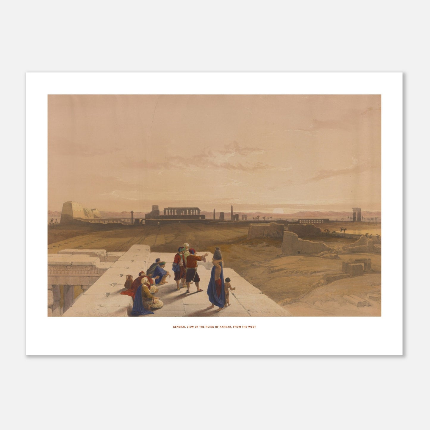 Vue générale des ruines de Karnak - Reproduction David Roberts (30x40 cm). Lithographie ancienne d'une vue générale des ruines de Karnak, avec des colonnes imposantes, des structures en ruine et des personnes observant le site.