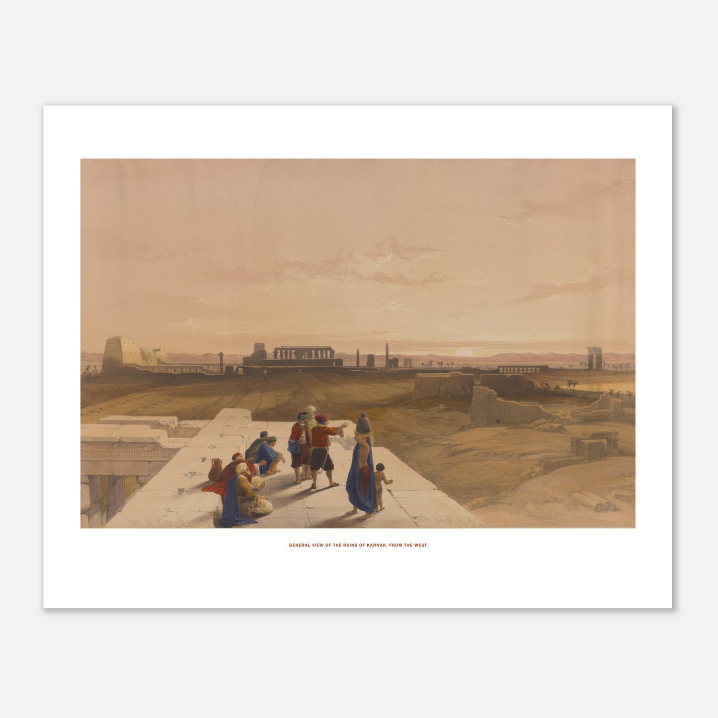 Vue générale des ruines de Karnak - Reproduction David Roberts (40x50 cm). Lithographie ancienne d'une vue générale des ruines de Karnak, avec des colonnes imposantes, des structures en ruine et des personnes observant le site.