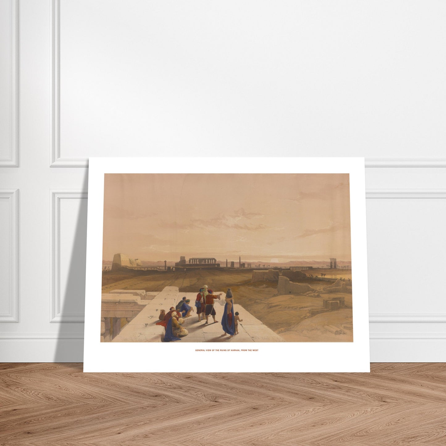 Vue générale des ruines de Karnak - Reproduction David Roberts. Lithographie ancienne d'une vue générale des ruines de Karnak, avec des colonnes imposantes, des structures en ruine et des personnes observant le site. Image d'illustration 6