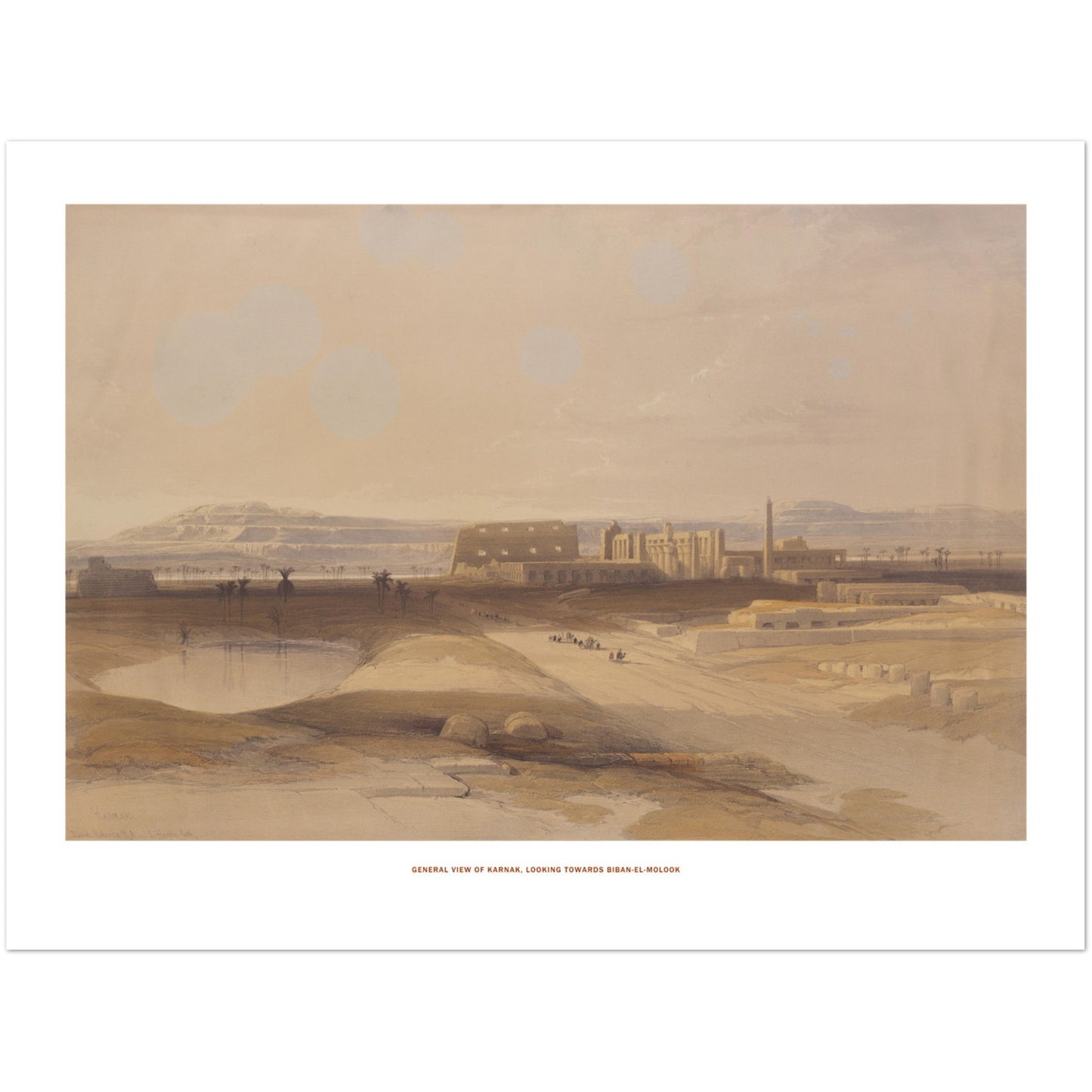 Vue générale de Karnak vers Biban el-Molouk - Planche David Roberts (30x40 cm). Vue générale de Karnak, vers Biban el-Molouk, avec des personnages et des palmiers au premier plan et des formations rocheuses à l'horizon.