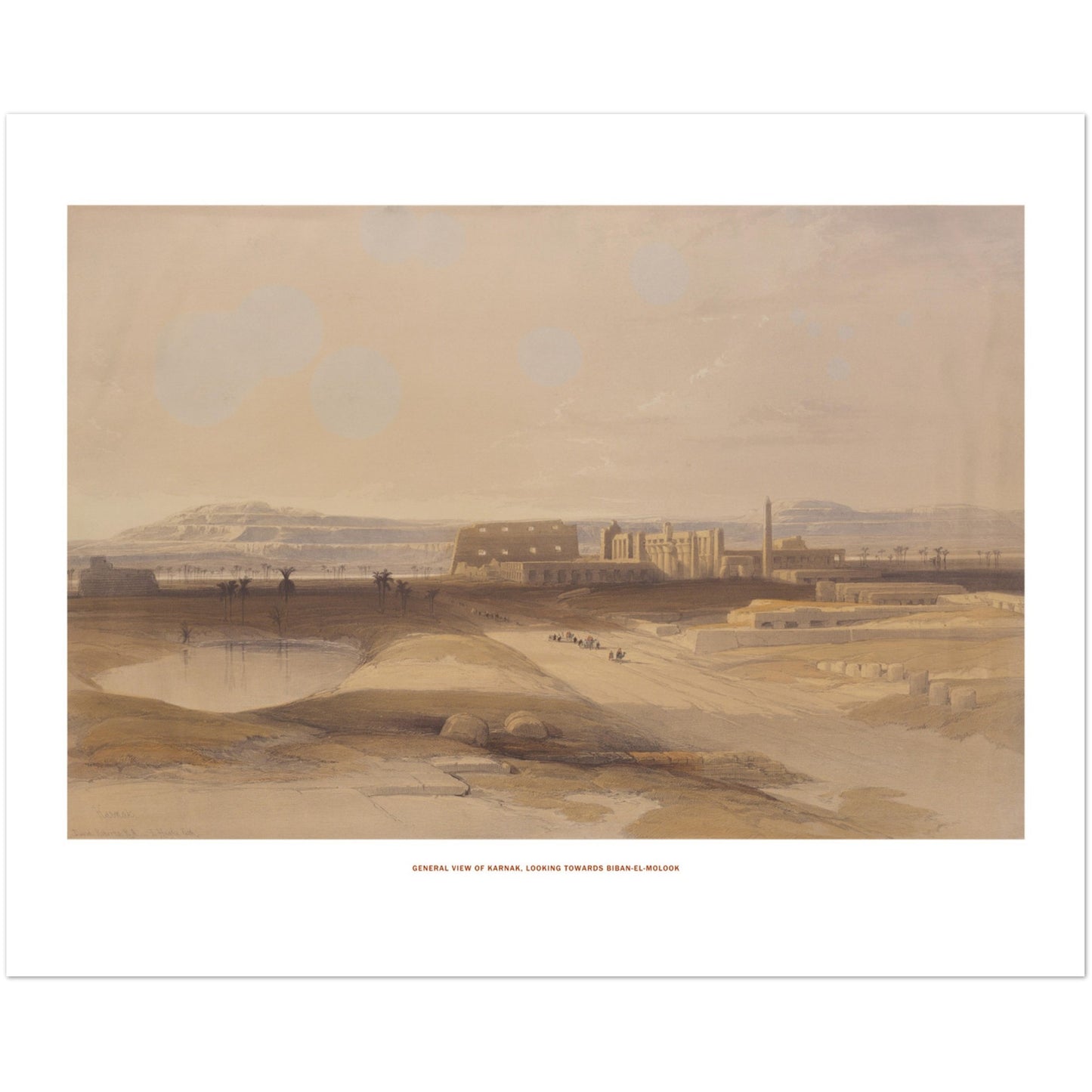 Vue générale de Karnak vers Biban el-Molouk - Planche David Roberts (40x50 cm). Vue générale de Karnak, vers Biban el-Molouk, avec des personnages et des palmiers au premier plan et des formations rocheuses à l'horizon.