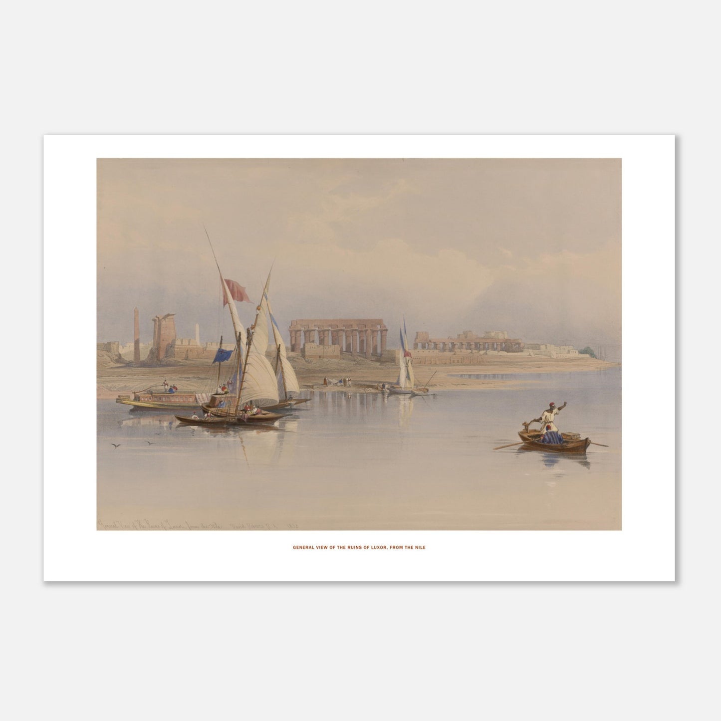 Vue générale des ruines de Louxor depuis le Nil, David Roberts (29,7x42 cm (A3)). Lithographie ancienne de David Roberts représentant une vue générale des ruines de Louxor depuis le Nil, avec des bateaux à voile sur le fleuve et des figures humaines sur une barque.