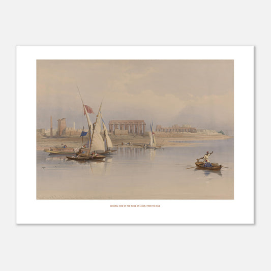 Vue générale des ruines de Louxor depuis le Nil, David Roberts (30x40 cm). Lithographie ancienne de David Roberts représentant une vue générale des ruines de Louxor depuis le Nil, avec des bateaux à voile sur le fleuve et des figures humaines sur une barque.