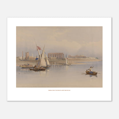 Vue générale des ruines de Louxor depuis le Nil, David Roberts (40x50 cm). Lithographie ancienne de David Roberts représentant une vue générale des ruines de Louxor depuis le Nil, avec des bateaux à voile sur le fleuve et des figures humaines sur une barque.