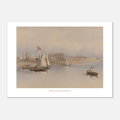 Vue générale des ruines de Louxor depuis le Nil, David Roberts (50x70 cm). Lithographie ancienne de David Roberts représentant une vue générale des ruines de Louxor depuis le Nil, avec des bateaux à voile sur le fleuve et des figures humaines sur une barque.