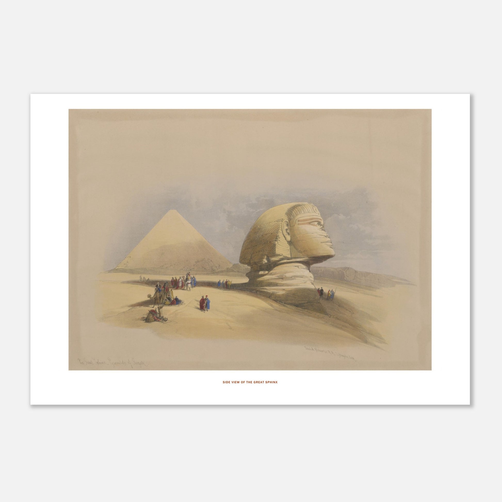 Vue latérale du grand Sphinx - Illustration ancienne David Roberts (21x29,7 cm (A4)). Lithographie ancienne de la vue latérale du grand Sphinx, avec une pyramide en arrière-plan et des caravanes de chameaux.