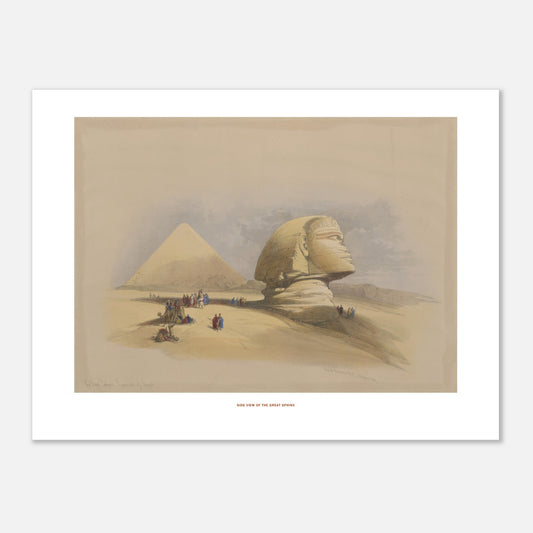 Vue latérale du grand Sphinx - Illustration ancienne David Roberts (30x40 cm). Lithographie ancienne de la vue latérale du grand Sphinx, avec une pyramide en arrière-plan et des caravanes de chameaux.