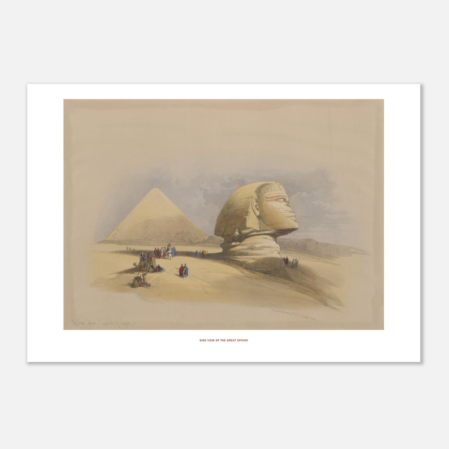 Vue latérale du grand Sphinx - Illustration ancienne David Roberts (42x59,4 cm (A2)). Lithographie ancienne de la vue latérale du grand Sphinx, avec une pyramide en arrière-plan et des caravanes de chameaux.