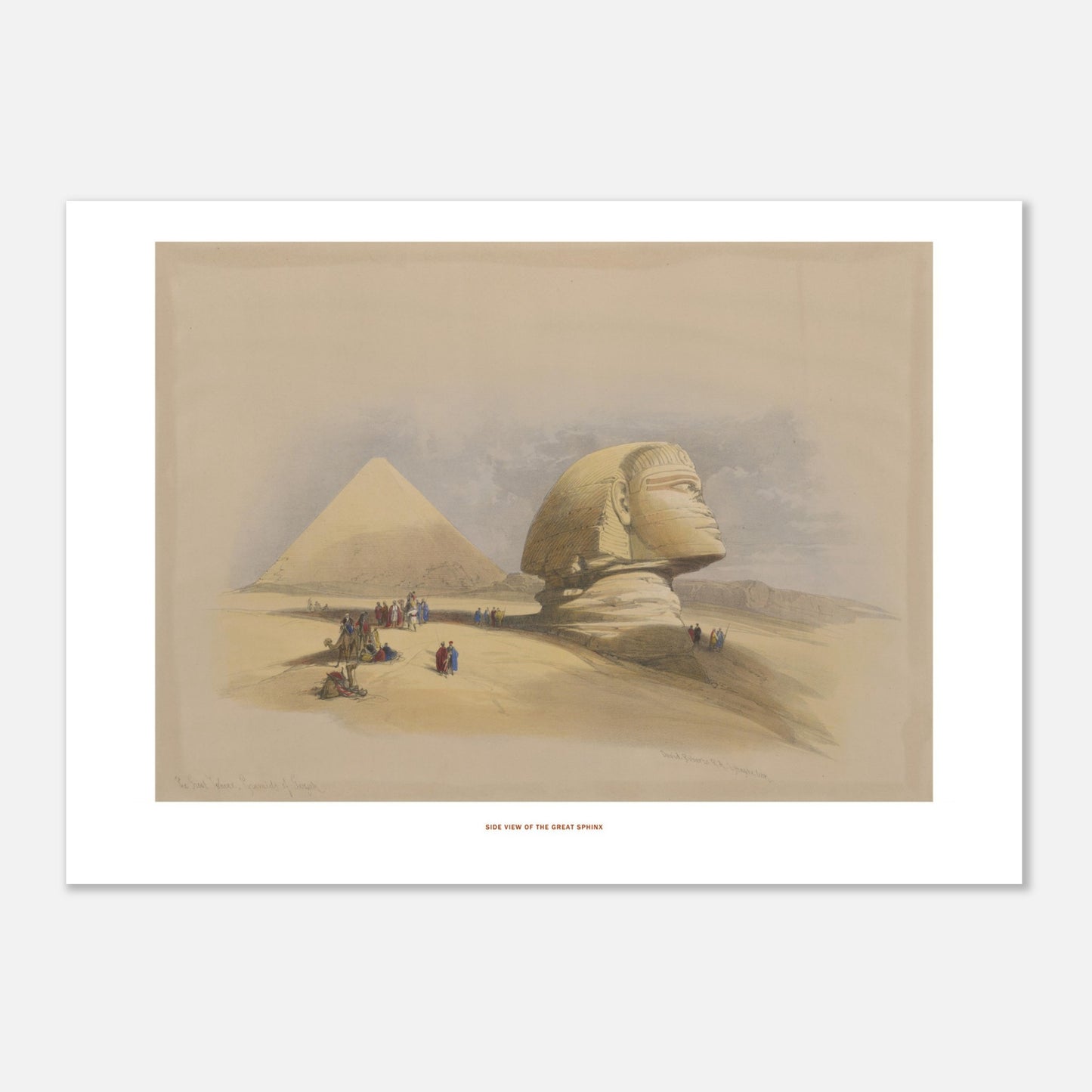 Vue latérale du grand Sphinx - Illustration ancienne David Roberts (50x70 cm). Lithographie ancienne de la vue latérale du grand Sphinx, avec une pyramide en arrière-plan et des caravanes de chameaux.