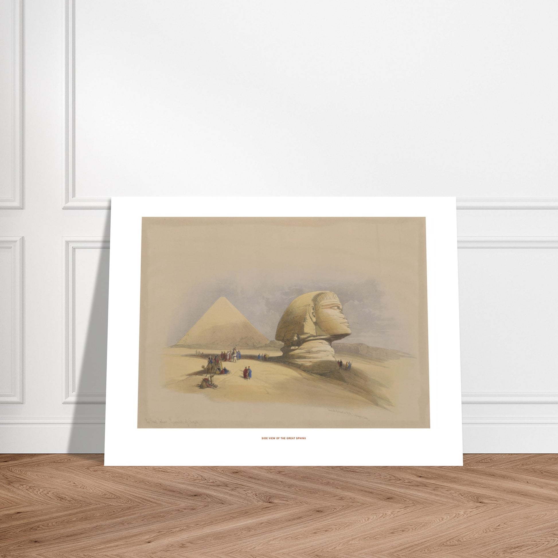 Vue latérale du grand Sphinx - Illustration ancienne David Roberts. Lithographie ancienne de la vue latérale du grand Sphinx, avec une pyramide en arrière-plan et des caravanes de chameaux. Image d'illustration 7