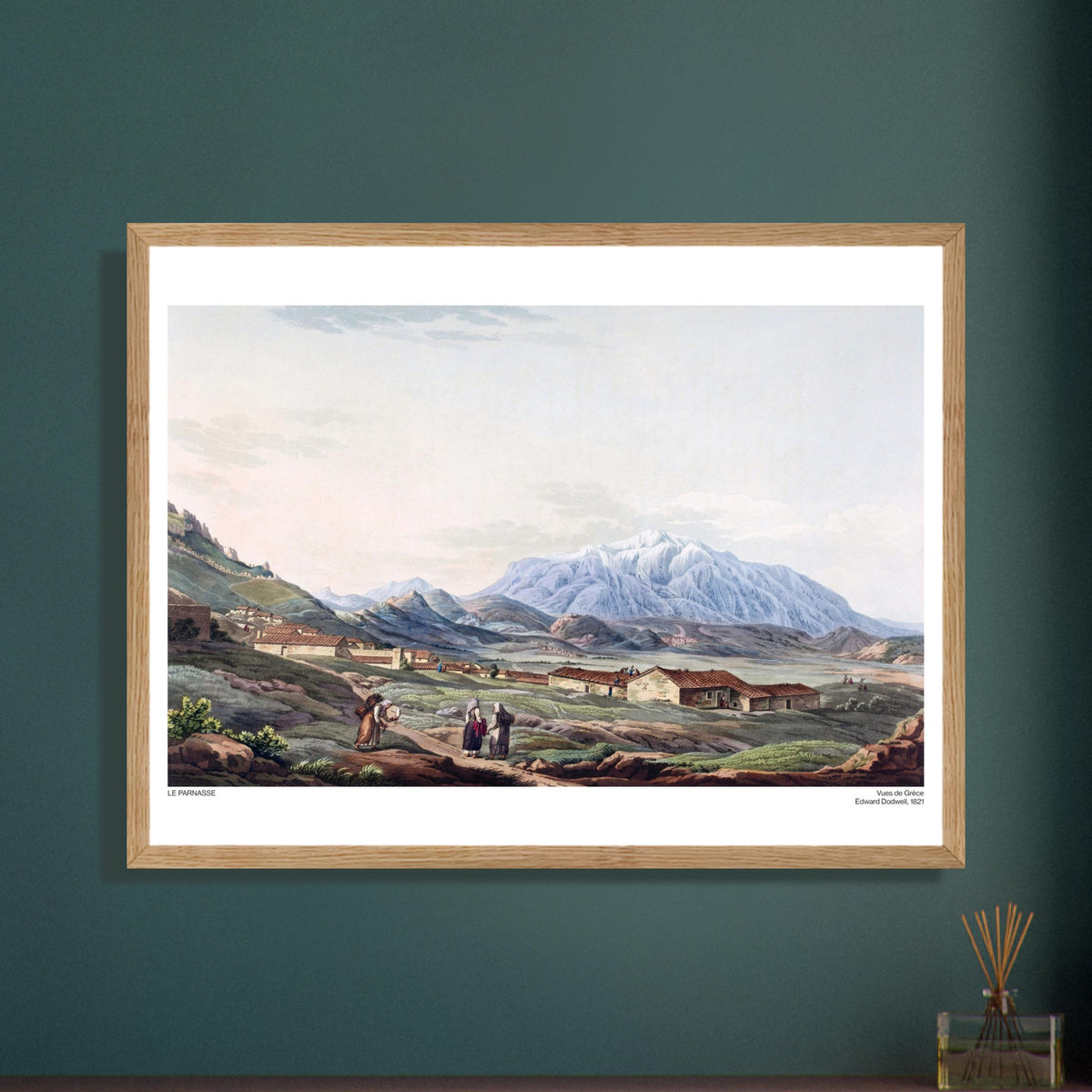 Vista del Monte Parnaso da Daulia, tavola di Edward Dodwell. Illustrazione delle Vedute di Grecia intitolata "Il Parnaso", che mostra un villaggio ai piedi di una catena montuosa innevata.