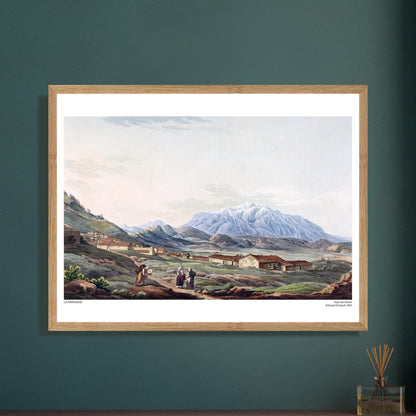 Vista del Monte Parnaso da Daulia, tavola di Edward Dodwell. Illustrazione delle Vedute di Grecia intitolata "Il Parnaso", che mostra un villaggio ai piedi di una catena montuosa innevata.
