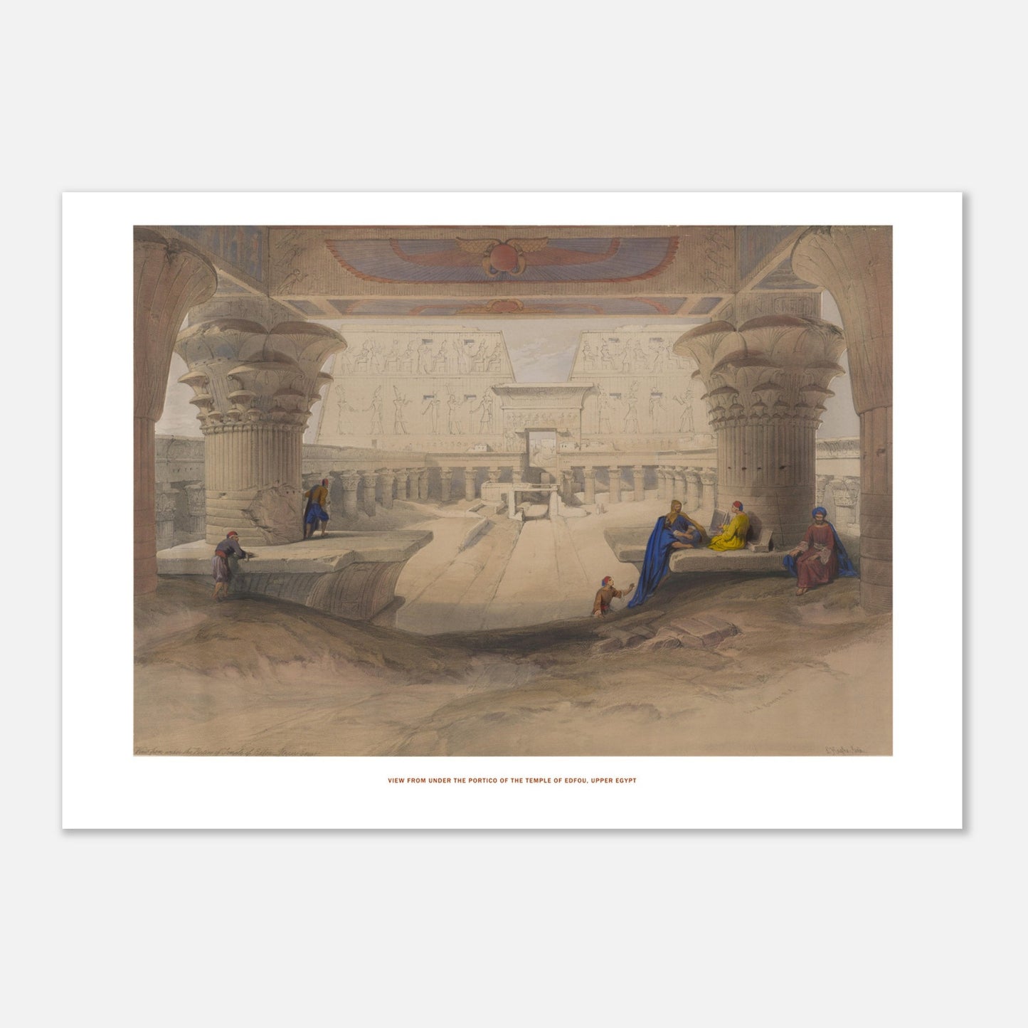 Gravure ancienne : Vue sous le portique du temple d'Edfou - David Roberts (29,7x42 cm (A3)). Lithographie de David Roberts dépeignant l'île de Philæ avec ses temples antiques majestueux, une étendue d'eau et un ciel nuageux.