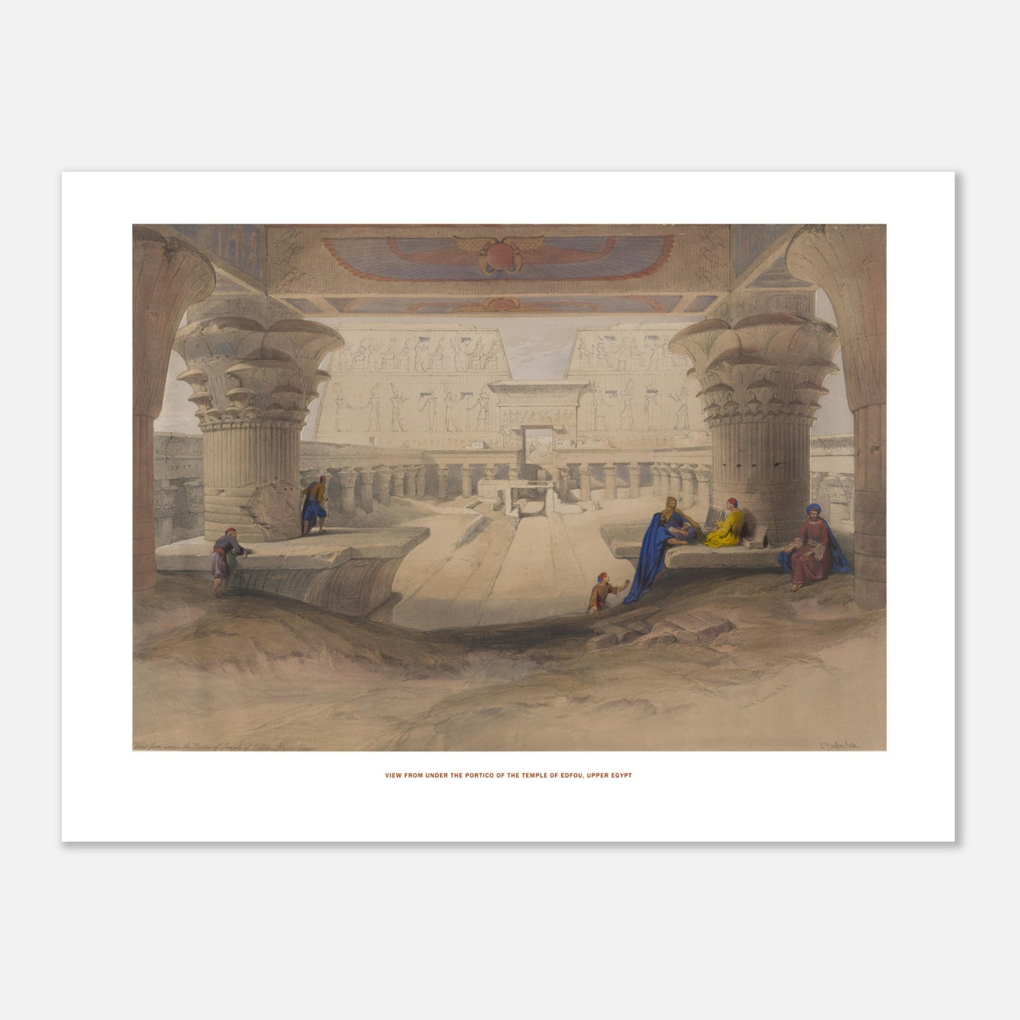 Gravure ancienne : Vue sous le portique du temple d'Edfou - David Roberts (30x40 cm). Lithographie de David Roberts dépeignant l'île de Philæ avec ses temples antiques majestueux, une étendue d'eau et un ciel nuageux.
