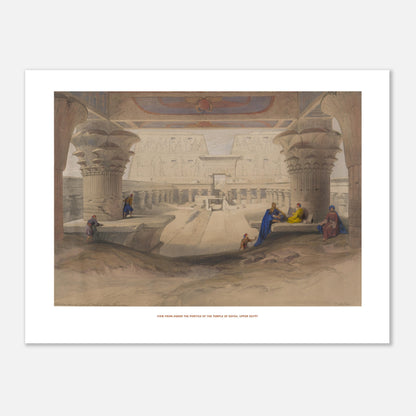 Gravure ancienne : Vue sous le portique du temple d'Edfou - David Roberts (30x40 cm). Lithographie de David Roberts dépeignant l'île de Philæ avec ses temples antiques majestueux, une étendue d'eau et un ciel nuageux.