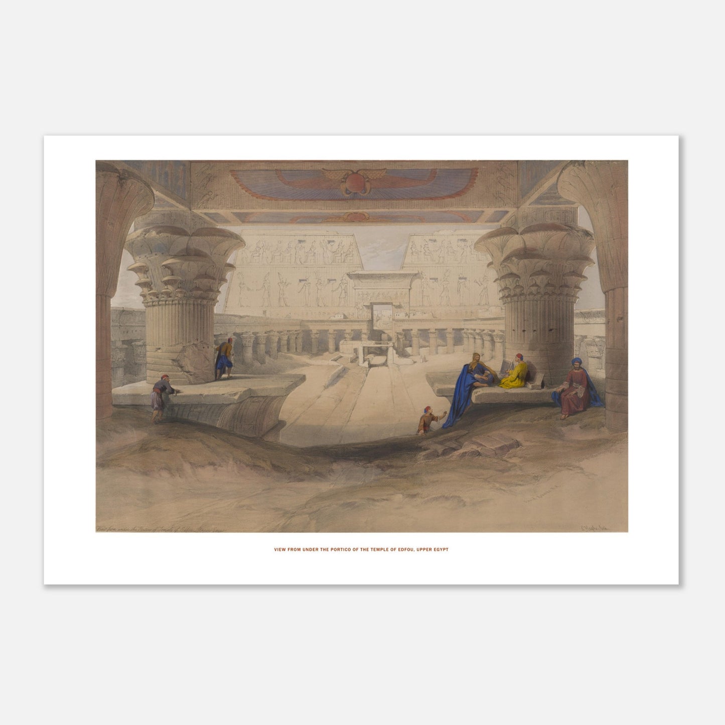 Gravure ancienne : Vue sous le portique du temple d'Edfou - David Roberts (42x59,4 cm (A2)). Lithographie de David Roberts dépeignant l'île de Philæ avec ses temples antiques majestueux, une étendue d'eau et un ciel nuageux.