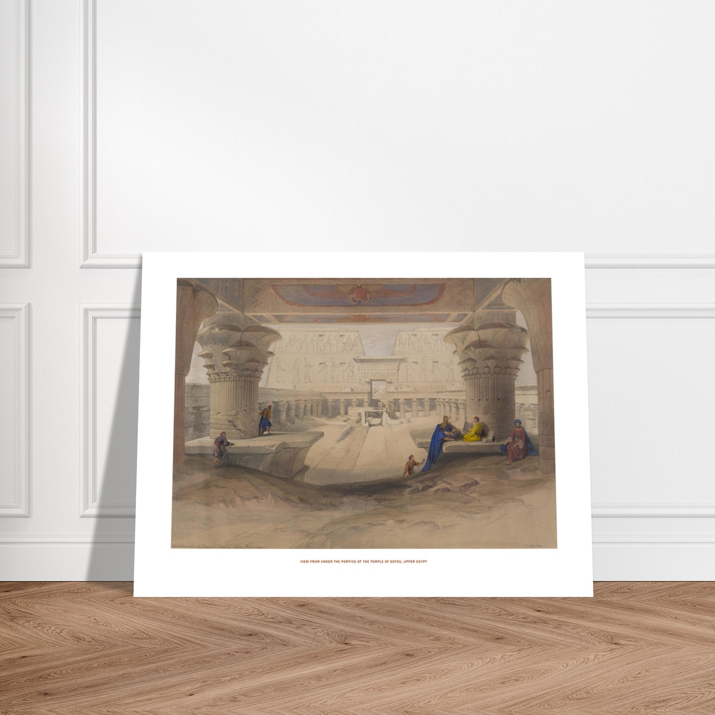 Gravure ancienne : Vue sous le portique du temple d'Edfou - David Roberts. Lithographie de David Roberts dépeignant l'île de Philæ avec ses temples antiques majestueux, une étendue d'eau et un ciel nuageux. Image d'illustration 6